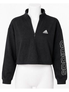 Adidas Womens M Cropped Quarter Zip Sweatshirt Black Logo Sleeve Pullover